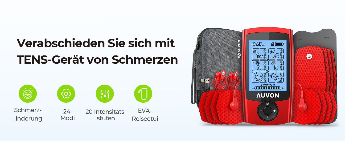 AUVON TENS пристрій для зняття болю: реінотерапія з 24 програмами, 2 канали, 12 електродів, EVA-сумка