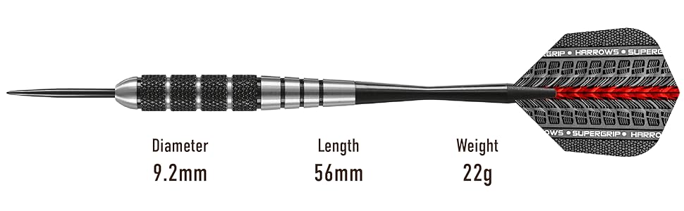 Дарти Harrows Black Jack 22 г: професійний набір зі сталевими наконечниками, шафтами Speedline, Supergrip-флайтами та кейсом