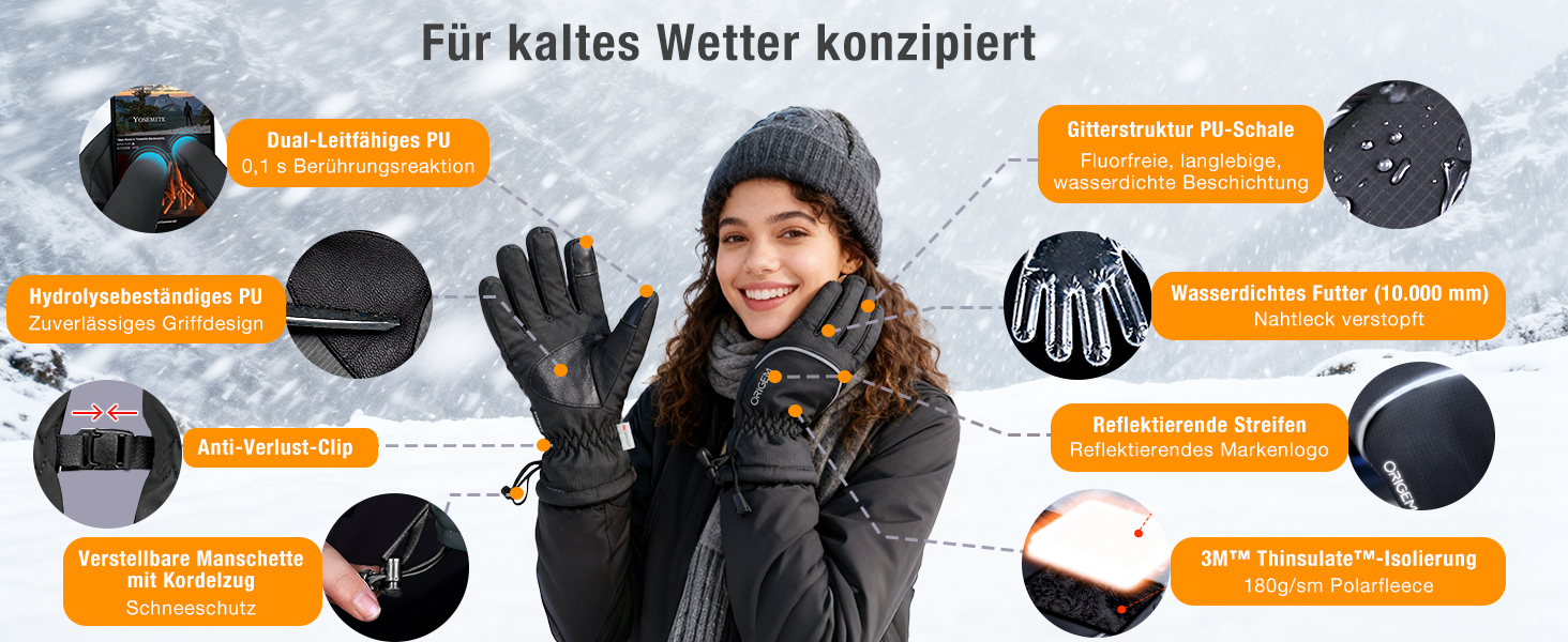 Рукавички зимові для чоловіків та жінок, велосипедні та гірськолижні, 3M Thinsulate, водонепроникні, теплі флісові з підтримкою сенсорного екрану, сірі, розмір L