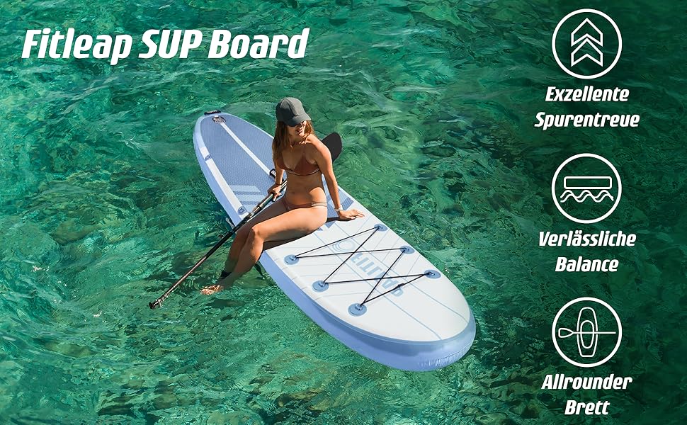 Надувний SUP Борд Fitleap Premium Stand Up Paddle Board - Комплект з насосом, веслом та рюкзаком. Підходить для йоги, серфінгу та водних видів спорту. Для 1 особи.