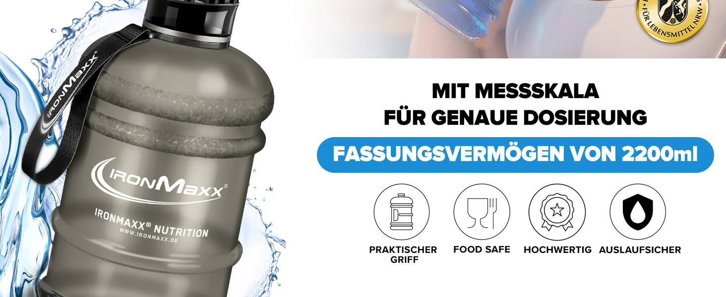 Фляга для води IronMaxx 2200 мл, Frosted Blue (блакитний) | Без BPA та DEHP | З мірною шкалою, не протікає | Різні кольори