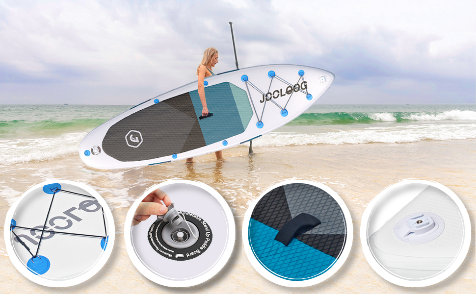 Надувний SUP Board JOOLOOG Stand Up Paddle Board 300 кг, 6 дюймів товщини, з аксесуарами для веслування для дорослих та підлітків, довжина 10'2/10'5', 320 x 81 x 15 см, зелено-сірий колір (білий/чорний з сидінням)