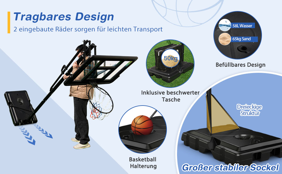 Баскетбольне кільце GOPLUS вуличне, регульована висота 143-305 см, стійка на колесах для підлітків та дорослих