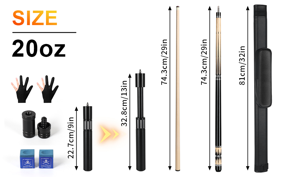 AKLOT Більярдний кий професійний з телескопічним подовженням, канадська береза, кейс, 147 см, 538-595 г (срібний, 567 г)