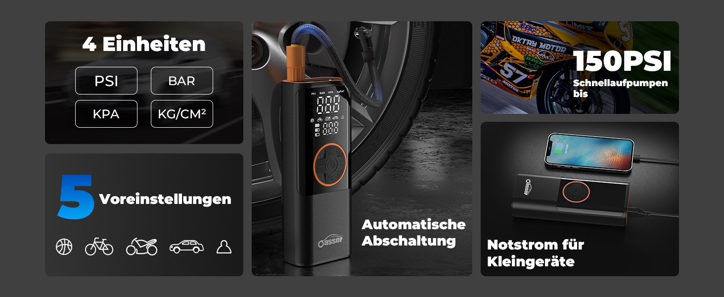 Електричний компресор Oasser з акумулятором 6000mAh, 150 PSI, з двома дисплеями, для авто, мото, велосипеда, м'ячів, подорожей та кемпінгу