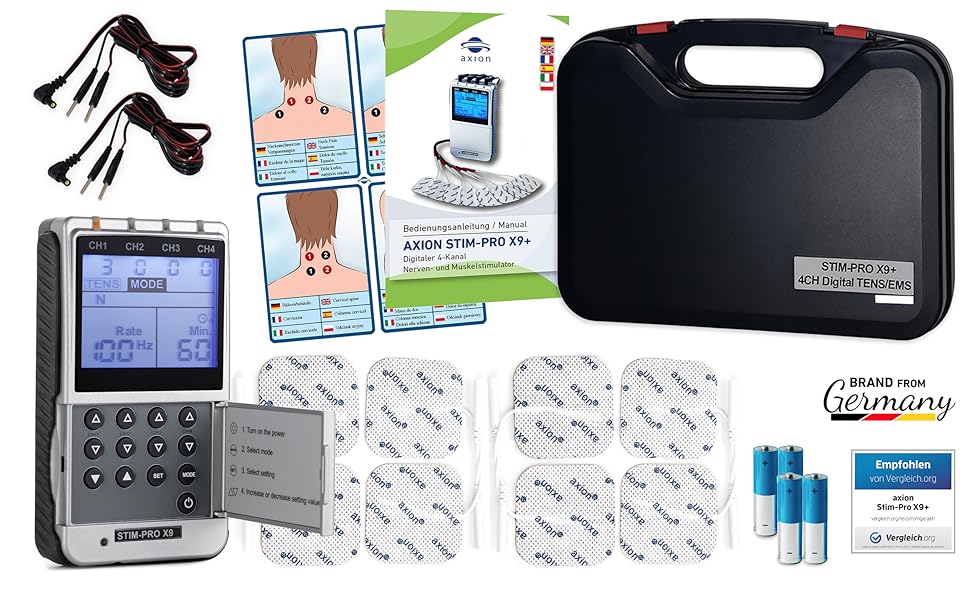 TENS EMS комбінований пристрій STIM-PRO X9+ з 8 електродних подушок 5x5 см для болісної терапії, масажу та м'язового стимулювання. Сертифікований медичний прилад axion®