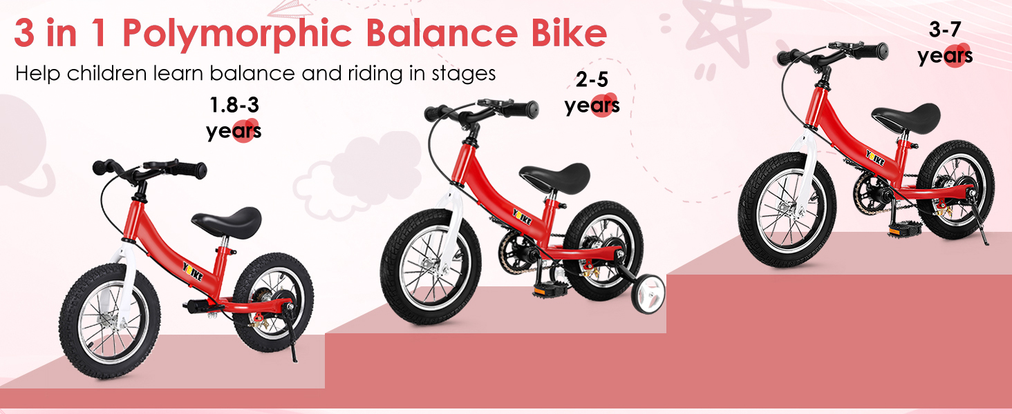 YBIKE 2-в-1 Біговел та Велосипед для дітей 1-7 років, 12/14/16 дюймів, з гальмом та педалями