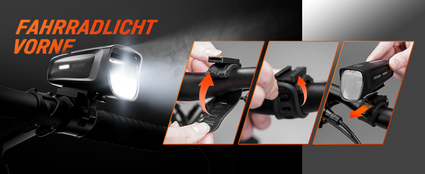 LED фара для велосипеда Henmi, StVZO сертифікована, USB зарядка, 2 режими освітлення, IPX5 водонепроникність, 100 люкс