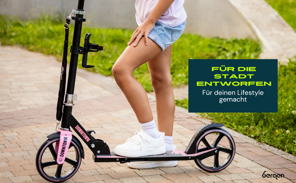Самокат міський Bergen City Scooter Downtown, алюмінієвий, складаний, 3.3 кг, колеса 200 мм, регульована висота, для дітей від 6 років, підлітків та дорослих до 100 кг, чорний/рожевий