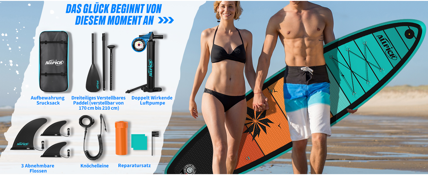 Надувний SUP-борд ALLPICK Premium Set: Комплектація для початківців та досвідчених, з кріпленням для камери, регульовим веслом, 200 кг, для відпочинку на пляжі (зелений)