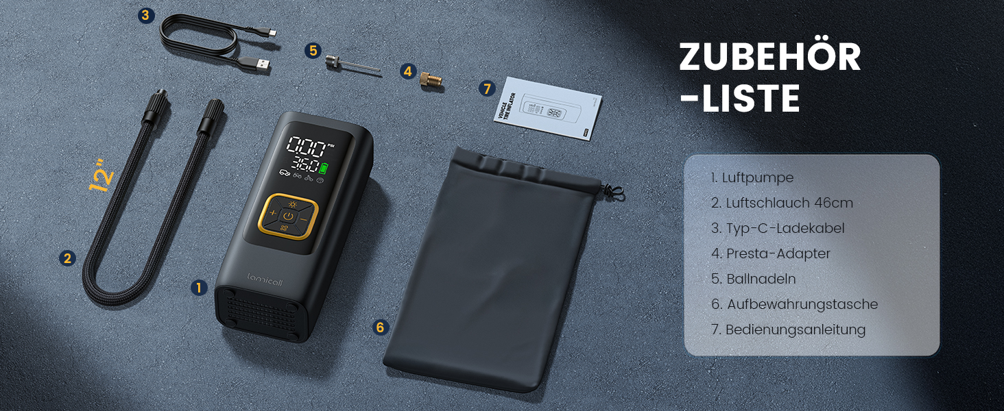 Електрична повітряна помпа Lamicall для велосипеда, авто, мотоцикла та м'ячів - 150PSI, з LED-ліхтариком (оновлена)