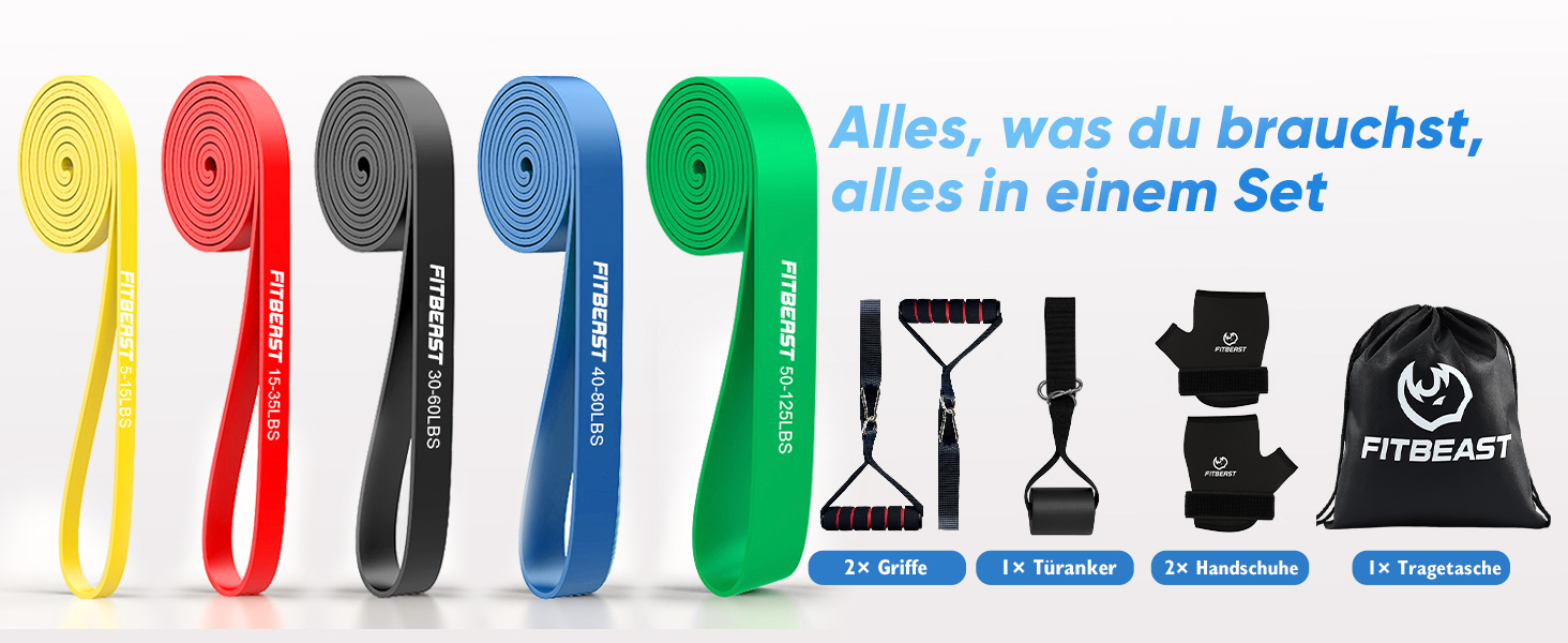 Набір еластичних стрічок FitBeast для фітнесу: 5 шт. з рукавичками та дверним кріпленням. Сила тренувань 5-125 LBS