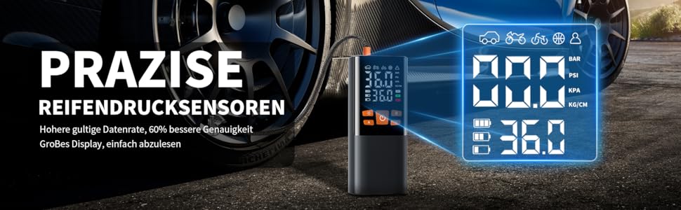 COCCKO Електричний міні-компресор для авто, велосипедів і мотоциклів, 150 PSI, акумулятор, LED-ліхтар, SOS, USB-C, портативний, цифровий дисплей, смарт-режими