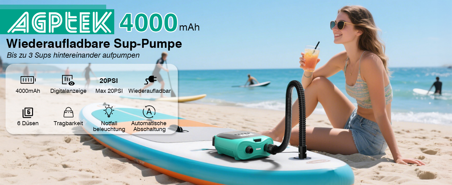 Електричний насос для SUP-дошки AGPTEK: акумуляторний, 20PSI, автоматичне відключення, 12V, для SUP та човнів