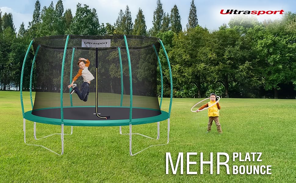 Трамплін Ultrasport Deluxe, Ø 244/305/366/430 см, сертифікований TÜV Rheinland + GS, повний комплект, круглий садовий трамплін, з м'якими стійками, сіткою безпеки та захисним бордюром (Deluxe - Ø 366 см)