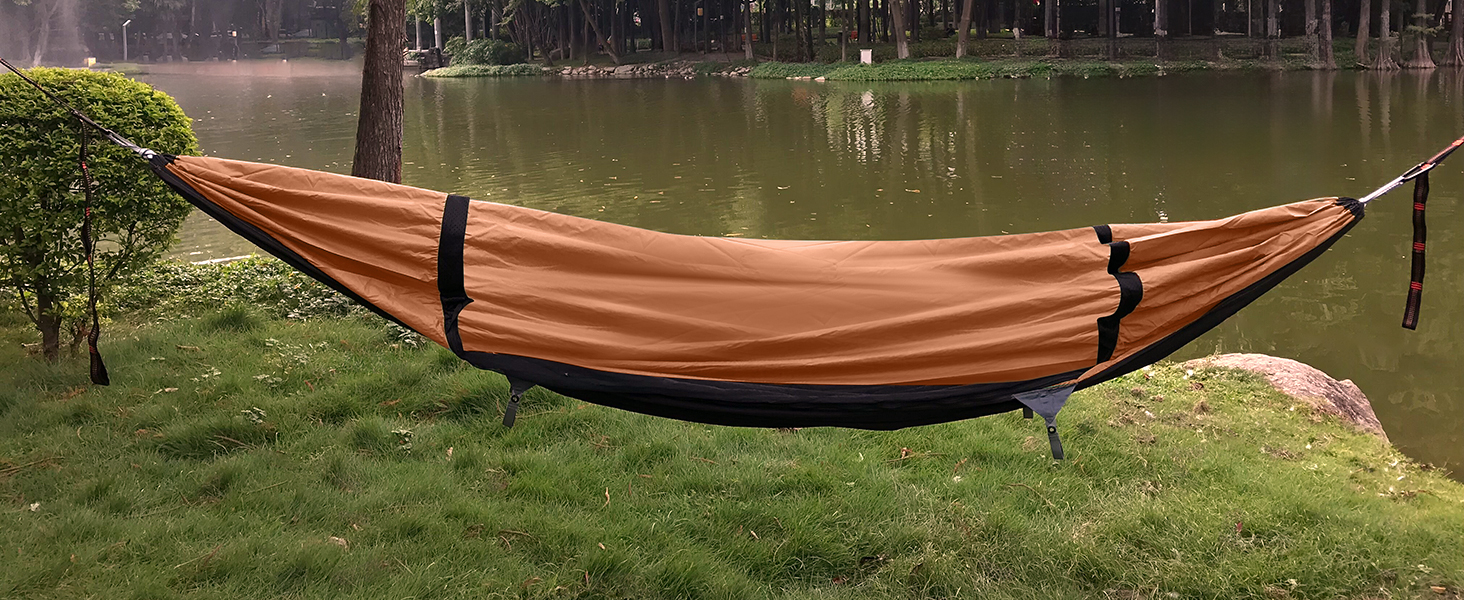 Гамак-намет Travel Bird з москітною сіткою та сонцезахистом, 290x140 см, великий простір, багатофункціональний, легкий, з ременями для кріплення до дерева, підходить для кемпінгу та відпочинку на природі (зелений/помаранчевий)