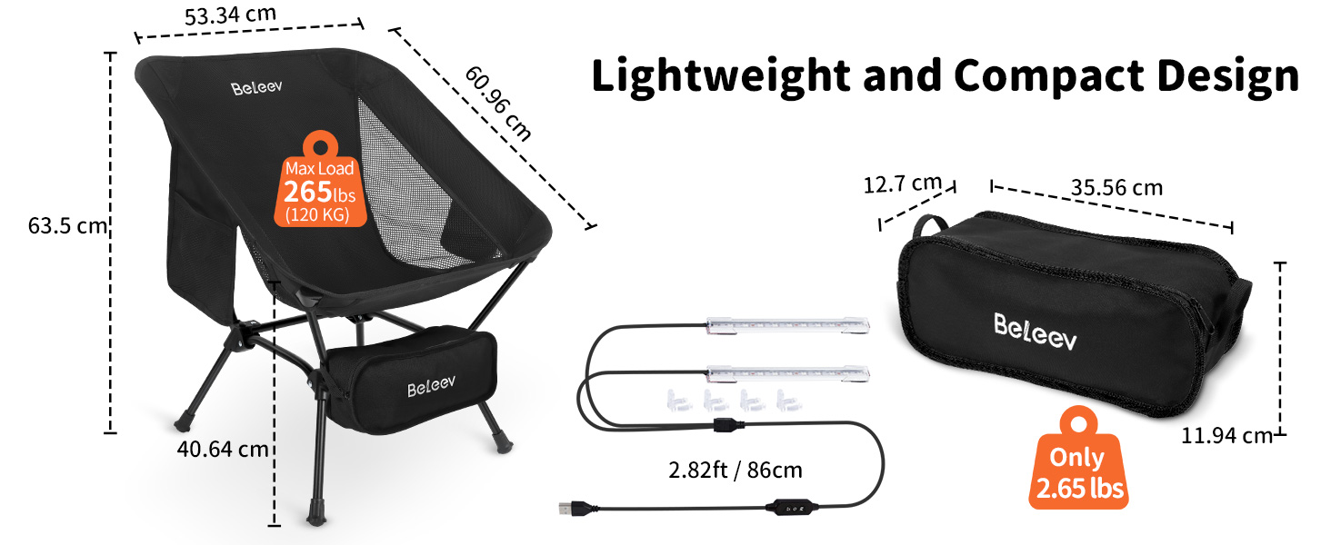 Складний туристичний стілець BeLeEv з кишенями, чорний. Легкий, компактний для кемпінгу, риболовлі, відпочинку на природі.