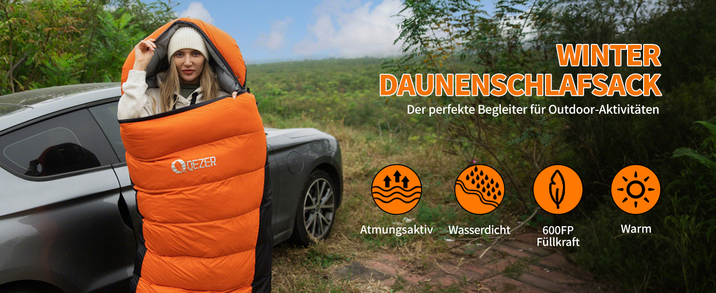 Сплячий мішок пуховий, зимовий, 600FP+, 12°C до -24°C, легкий та теплий, для 3-4 сезонів, кемпінг, трекінг, походи, оранжевий