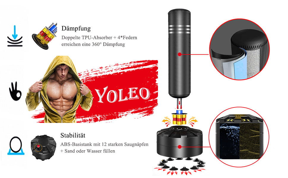 Стенд для боксерського мішка YOLEO, 175 см, чорний. Міцний боксерський тренажер для дорослих