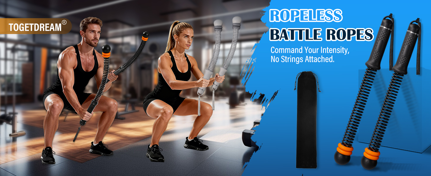 Битва мотузок TOGETDREAM: регульовані тренувальні канати без мотузки для силових тренувань, кардіо та спалювання жиру, чорний