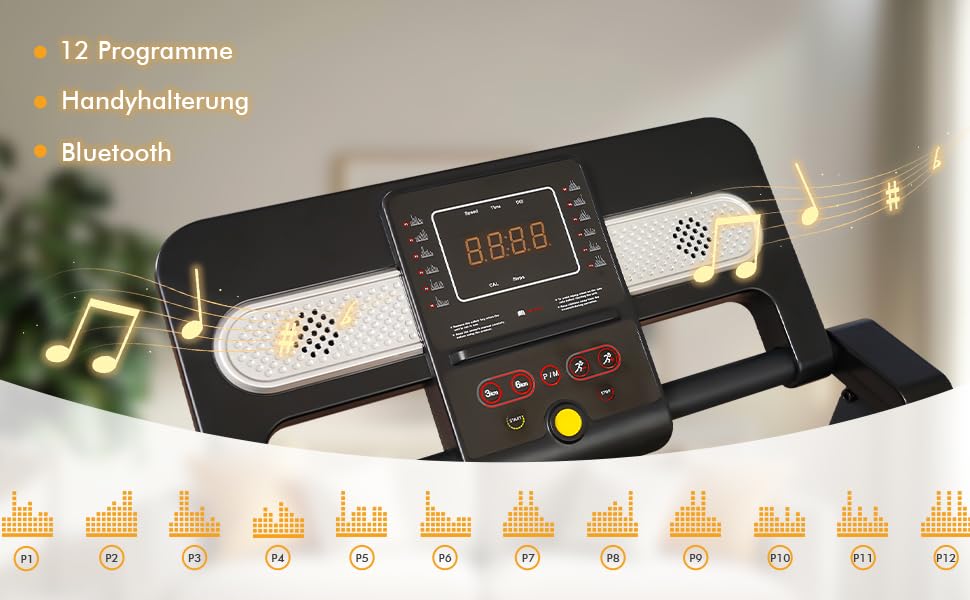 Бігова доріжка RAOO MIN для дому, 1-12 км/год, 2.5HP, складаний, з пультом/LED, підставка для iPad/телефону, Bluetooth, чорний