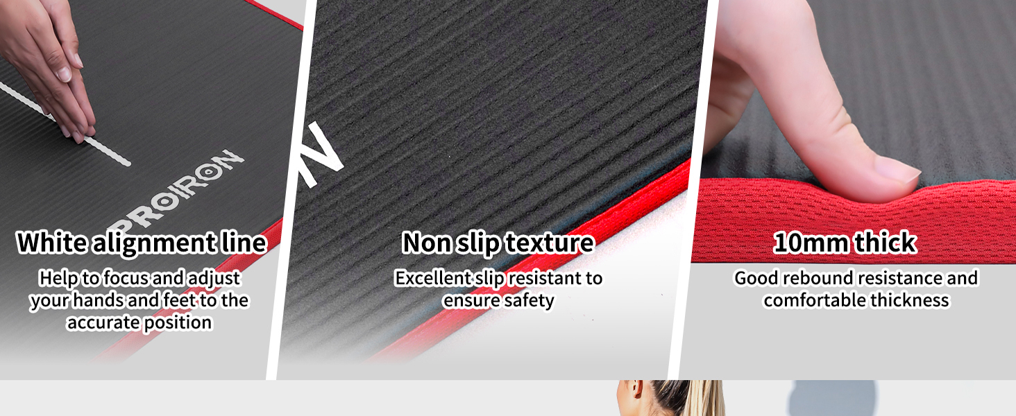 PROIRON Килимок для гімнастики та йоги, тренувальний килимок для дому, 183x66x1 см, чорний/червоний