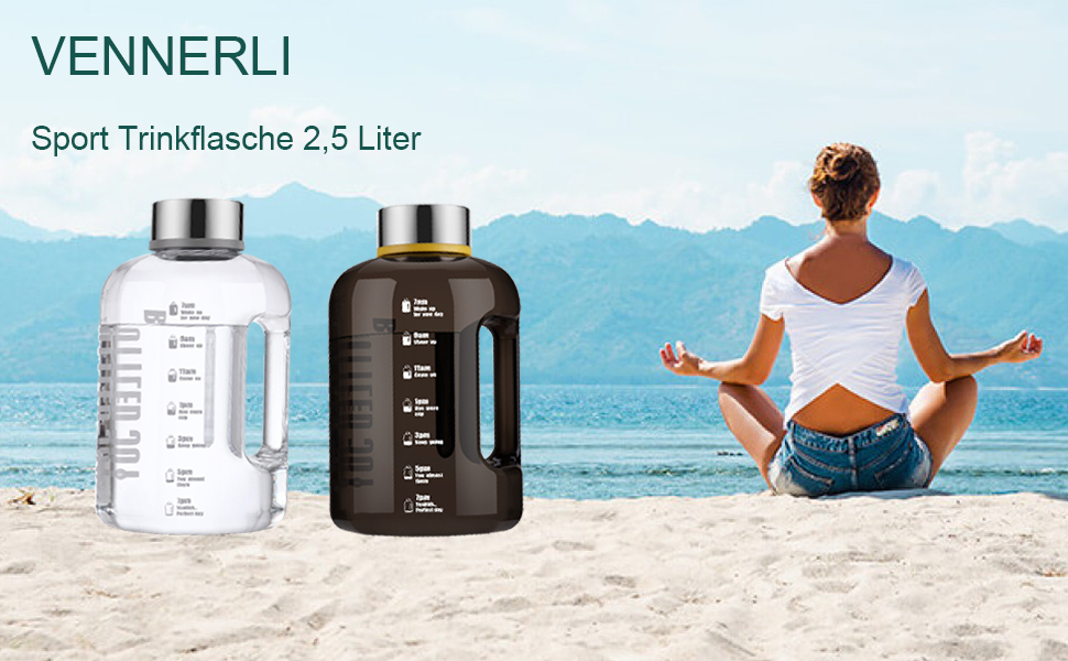 Спортивна пляшка для води Vennerli 2,5 л з ручкою та позначками часу, чорна, витокозахисна