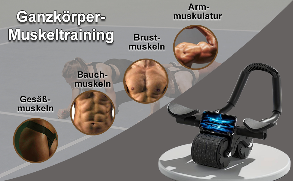 Ролер для пресу Ab Roller з підтримкою ліктів, тренажер для пресу з автоматичним відскоком, ролер для пресу з килимком для колін для чоловіків та жінок, тренування пресу на подвійних колесах, стабільний, чорний