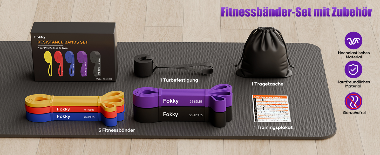 Набір гумових еспандерів Fokky Fitness для фітнесу (5 рівнів) з анкером для дверей, інструкцією та сумкою для силових тренувань, розтяжки, кросфіту - жовтий, червоний, синій, фіолетовий, чорний