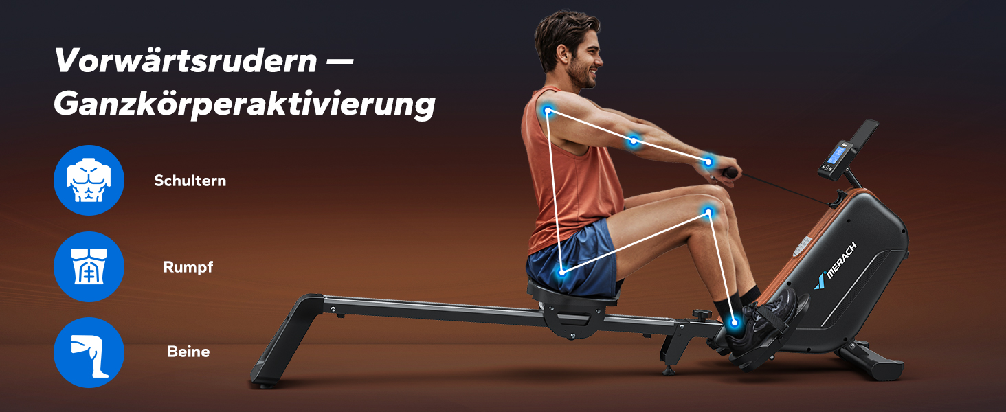 Гребний тренажер MERACH для дому, складаний, з магнітним приводом, тихий, з додатком, подовжені направляючі рейки, електричне регулювання (Plug-in)