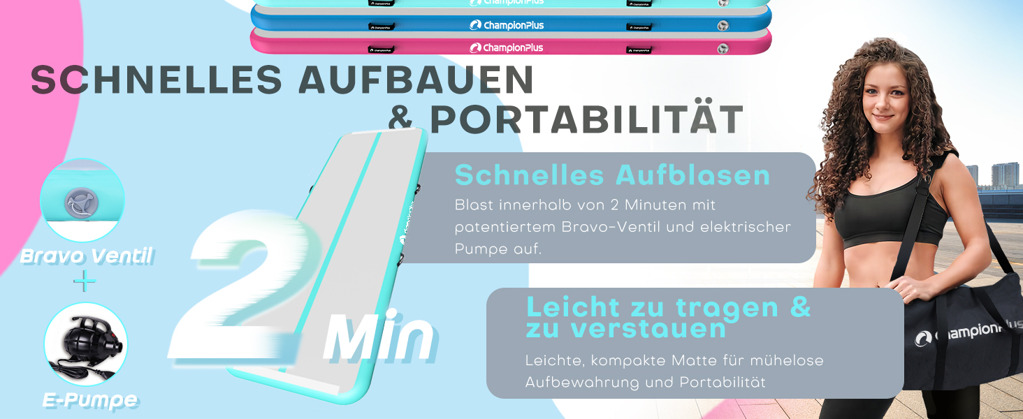 Гімнастичний надувний мат Track 5м з електричним насосом, для йоги, кемпінгу, фітнесу та спорту, двостороння м'ятно-зелена 300x100x10см