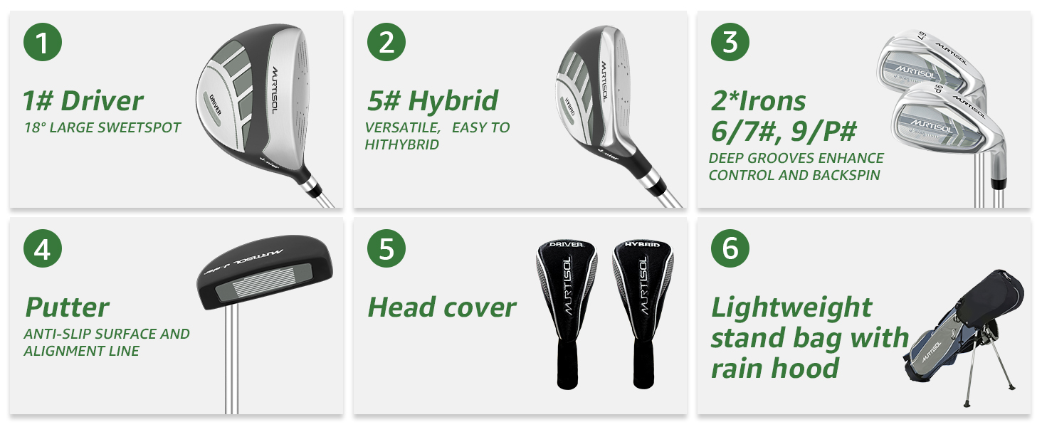 Повний комплект гольф-клубу на 6 штук: драйвер, гібрид, айрони 6/7#, 9/P#, паттер та сумка-стійка (для правшів), сірий