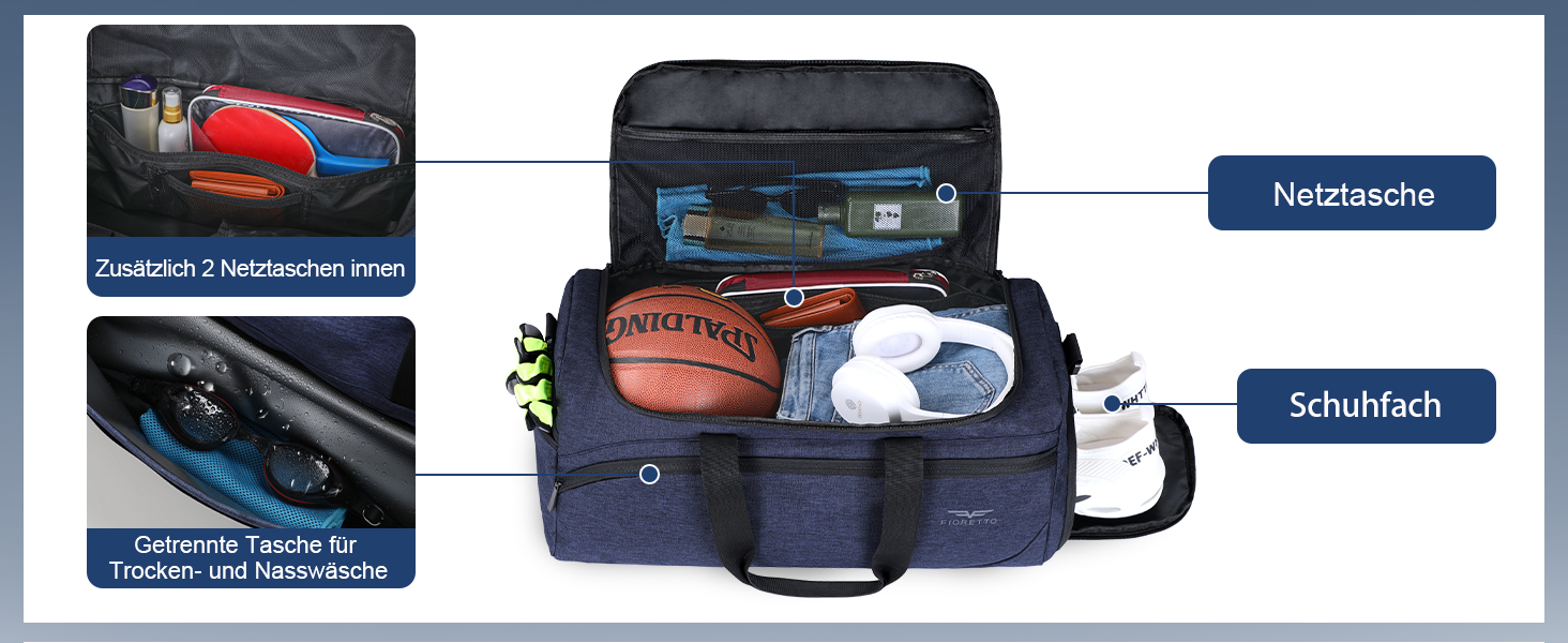 Спортивна та дорожня сумка FIORETTO 35L з відділенням для взуття та мокрих речей, водонепроникна, для тренувань, спортзалу, подорожей, плавання, сауни, футболу, фіолетовий