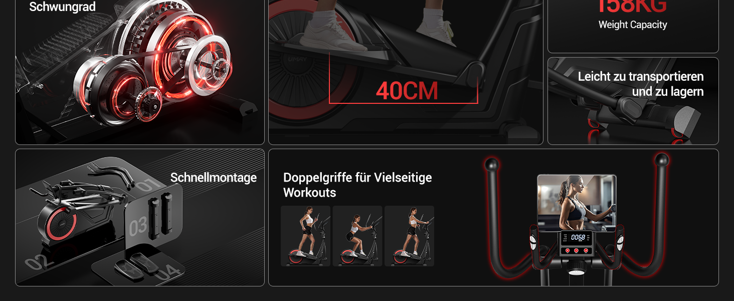 UMAY Еліптичний тренажер для дому з 16 рівнями опору, тихий магнітний еліпс, довжина кроку 40 см, датчики пульсу, LCD-дисплей, максимальне навантаження 159 кг (ET70)