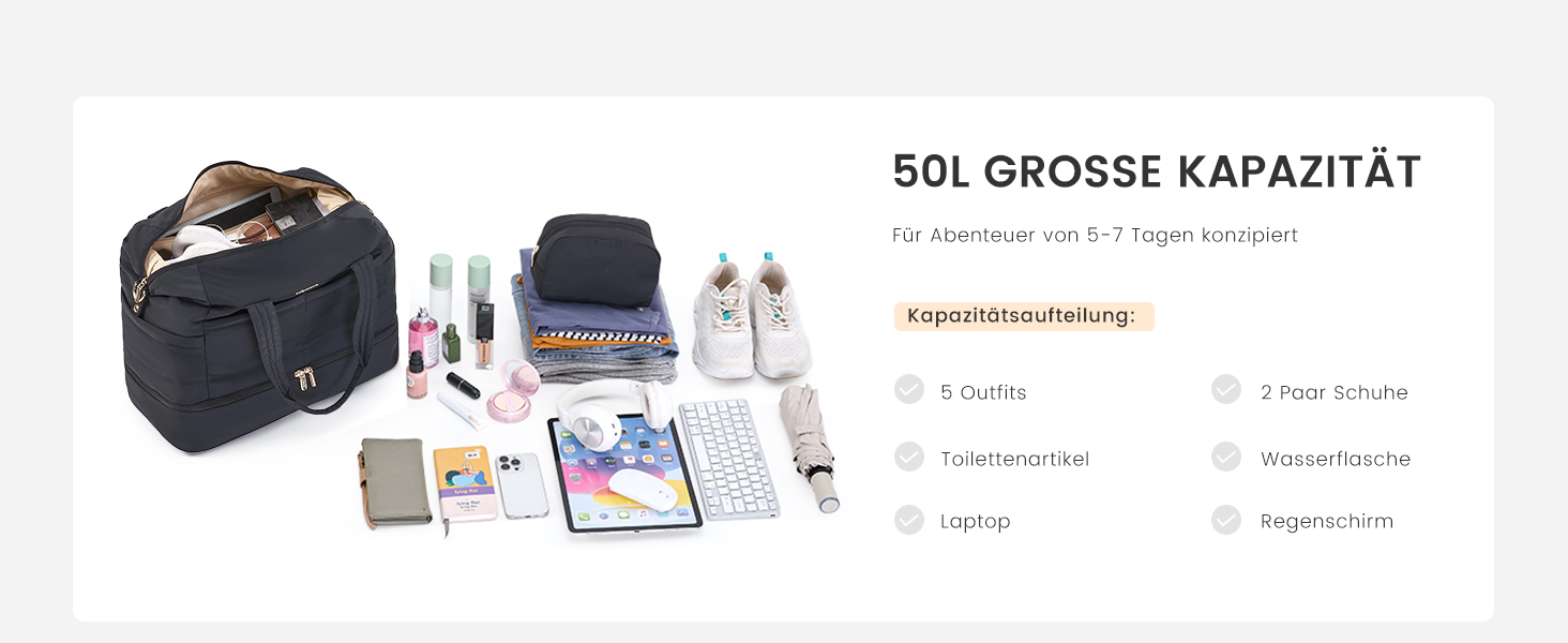 Сумка-мішок LOVEVOOK для вихідних, клінічна сумка, ручна поклажа, легка лікарняна сумка, місткий дорожній мішок з відділенням для взуття та косметичка, спортивна сумка для подорожей, 52x38x25 см (50 л), B-beige Nude