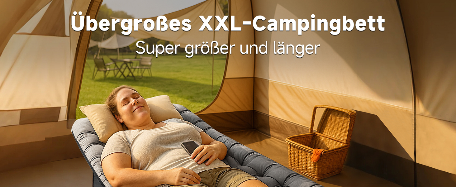 Розкладне кемпінгове ліжко MOPHOTO з матом – до 200 кг, 190x71x36 см, широке, для відпочинку на природі, сіре