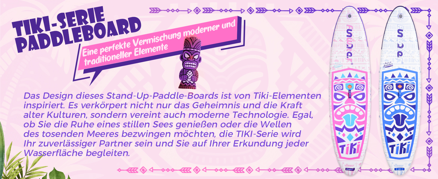 Надувний SUP Борд FunWater 10'6'-11'6' – для початківців та сімей, з антиковзким EVA-деком, веслом, насосом та аксесуарами (10'6-TIKI-Pink/Violett/Weiß)
