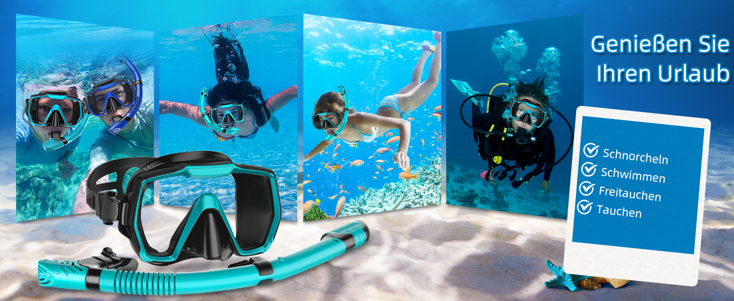 Набір для снорклінгу для дорослих: маска, трубка, регулятор, антизапітніння, антивитік, панорамний огляд, зелений