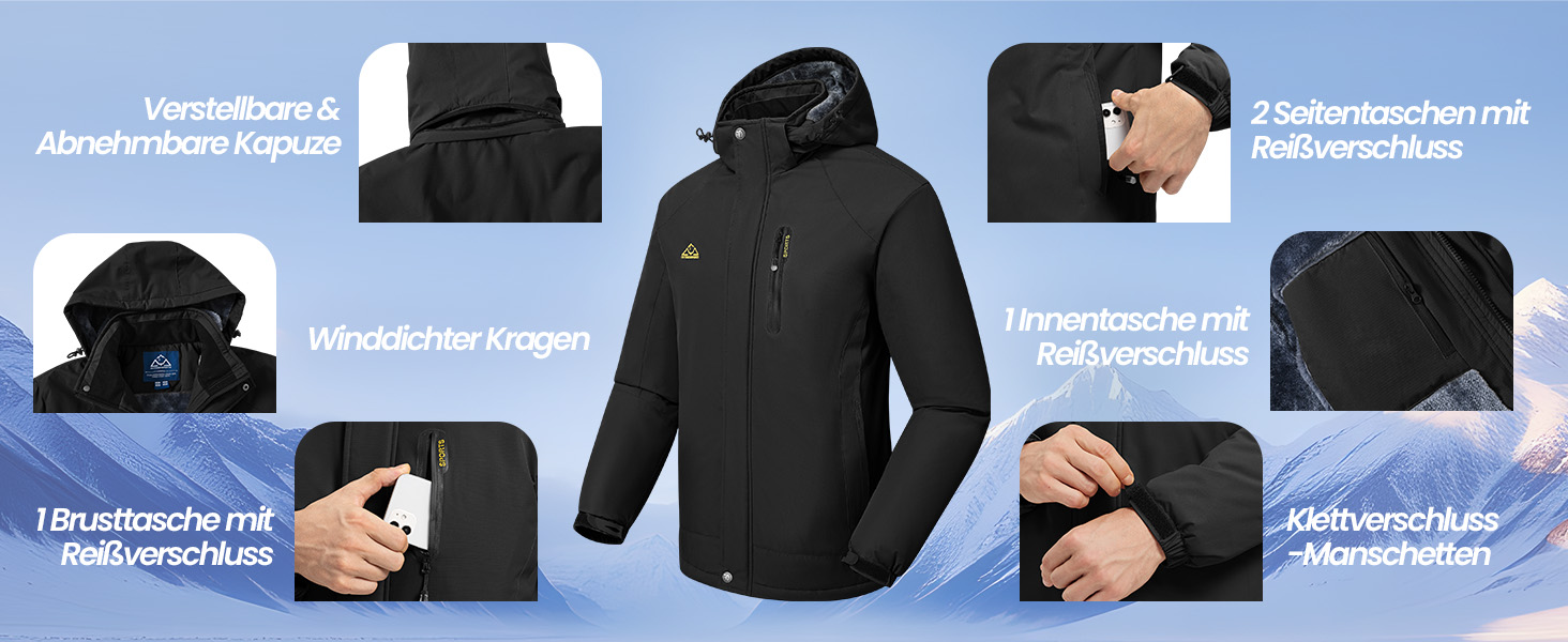 Спортивна куртка Rdruko для чоловіків: тепла зимова куртка, сноубордистська куртка з флісовою підкладкою, водонепроникна функціональна куртка для активного відпочинку та походів з капюшоном, колір білий