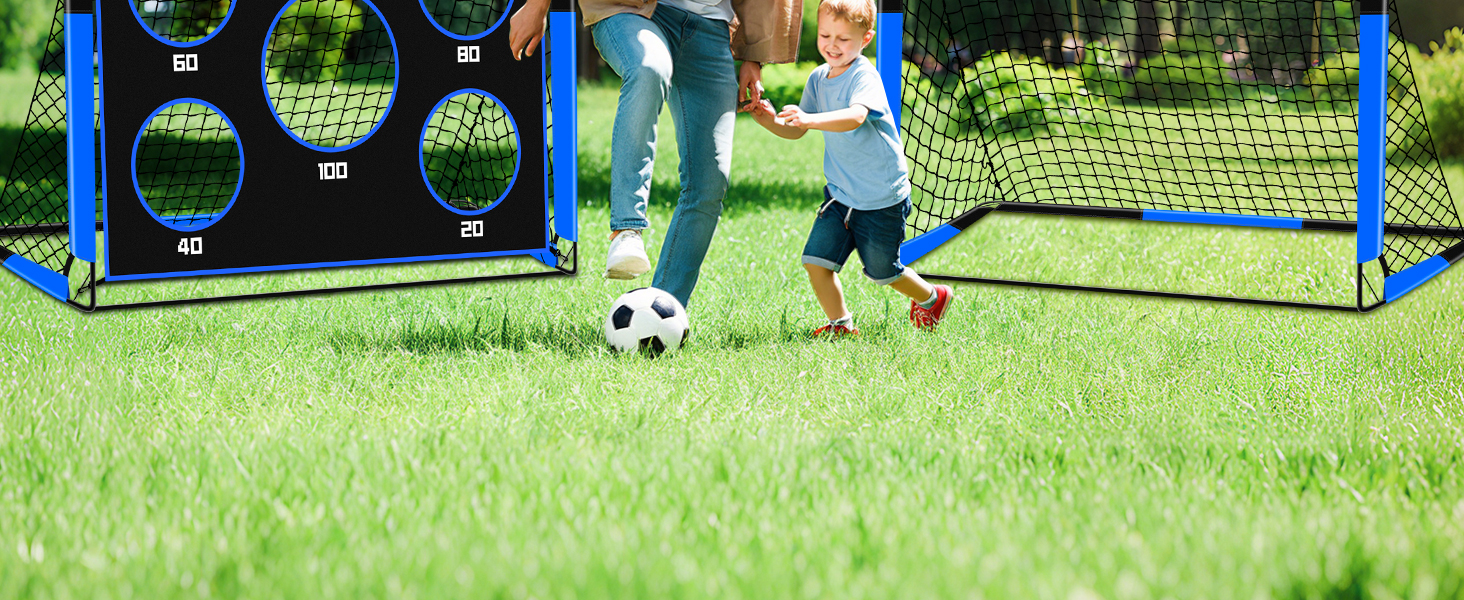 Дитячі ворота для футболу 2-в-1, 150 x 120 см, переносні та стабільні, з 5 цілями, 4 земляні кілочки та сумка, для саду, парку, пляжу (блакитні)