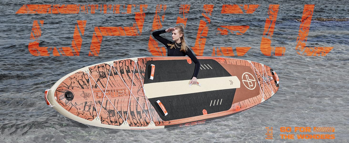 Надувний SUP Борд UPWELL Premium Stand Up Paddling Board з комплектом: сидіння, кріплення для камери, весло та аксесуари. Макс. вага 204 кг (2 особи), розмір 350x89x15 см, Jurassic