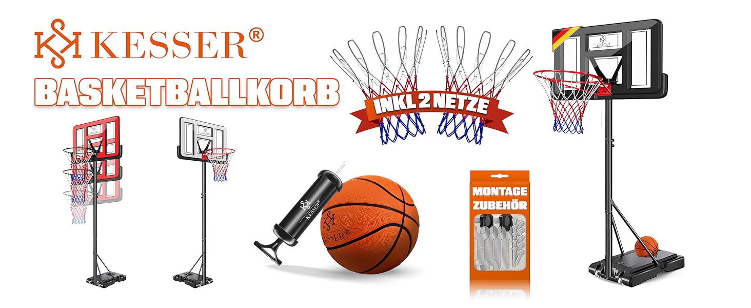 Курка баскетбольна KESSER® Outdoor зі стійкою та колесами. В комплекті 2 сітки, м'яч та насос. Регульована висота 230-305 см. Чорний колір. Підходить для дорослих та дітей.