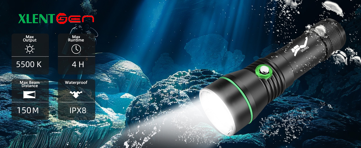 Ліхтарик підводний LED XLENTGEN 1500 люмен, USB зарядка, IPX8, 3 режими, для нічного дайвінгу та риболовлі
