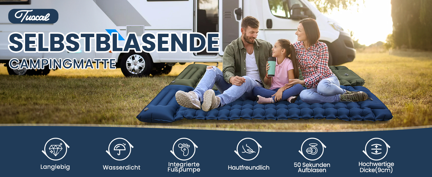 Каремат туристичний Isomatte Camping 9 см з насосом та подушкою, надувний, анти-розрив, синій - для кемпінгу, походів, подорожей