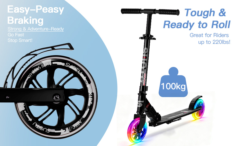 Самокат дитячий SUOTU з колесами 145 мм, до 100 кг, світлодіодами, складаний, регульована висота, для хлопчиків та дівчаток, алюмінієвий, чорний