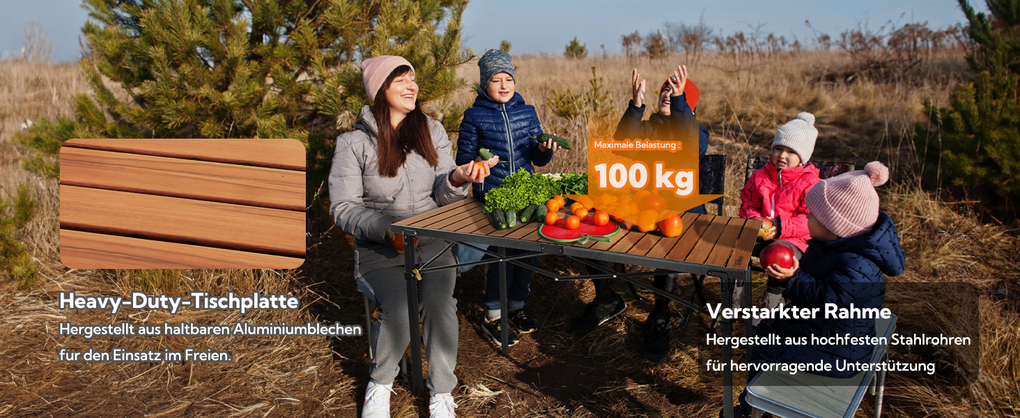 Складаний столик для кемпінгу Join Nature на 6 осіб, 118 x 70 см, міцний алюмінієвий, з сумкою, для відпочинку на природі, у саду, на балконі, на пікніку, на пляжі, з імітацією дерева