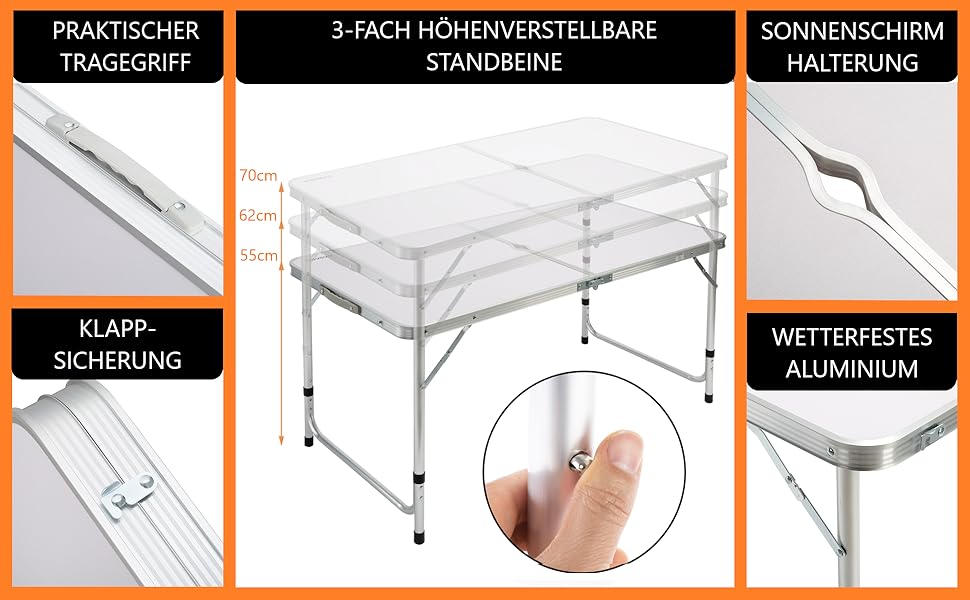 Складний стіл Campingtisch CASARIA® 120x60 см, білий, з регулюванням висоти, для 4 осіб, водостійкий, для кемпінгу та саду