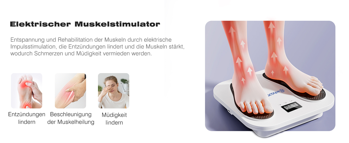 Масажер для ніг та тіла Medic EMS TENS - стимулятор кровообігу з 10 режимами та 20 рівнями інтенсивності. Зменшує біль при п'ятковому фасціїті, невропатії та болю. Білий колір.