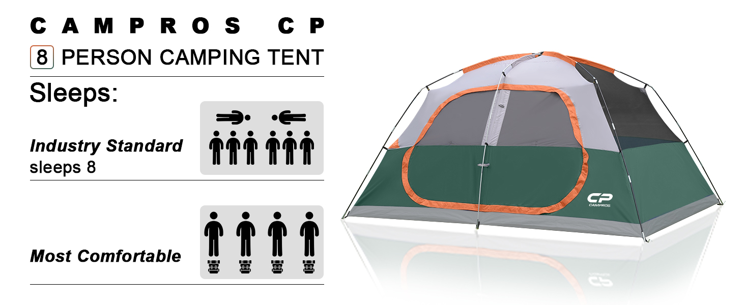 Намет сімейний CAMPROS Campingzelt 6-8 осіб, водонепроникний, 366x274x193 см, швидкозбірний, 4 сезони, з москітною сіткою та тамбуром, темно-зелений