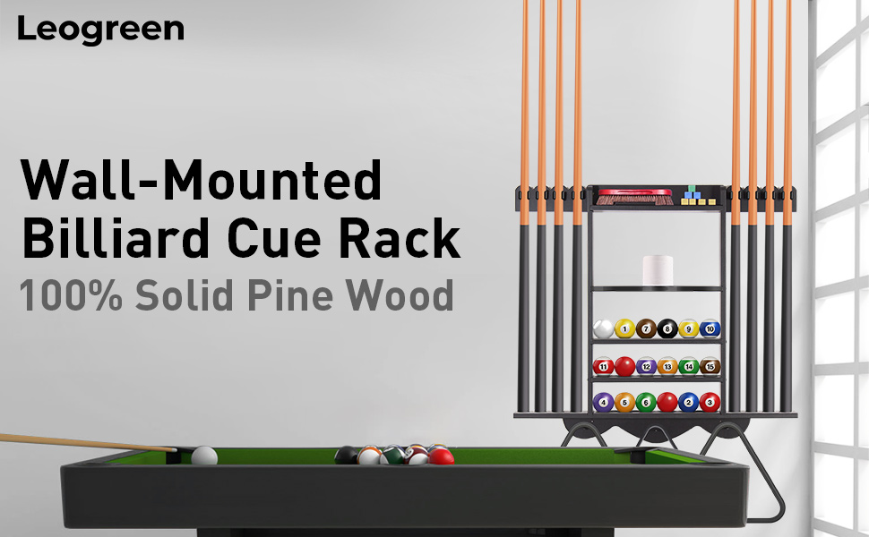 Стенд для київ Leogreen на 8 київ, 18 куль, 3 підставки для куль та рулон паперу. Настінний органайзер з дерева для більярдних кімнат, барів та клубів